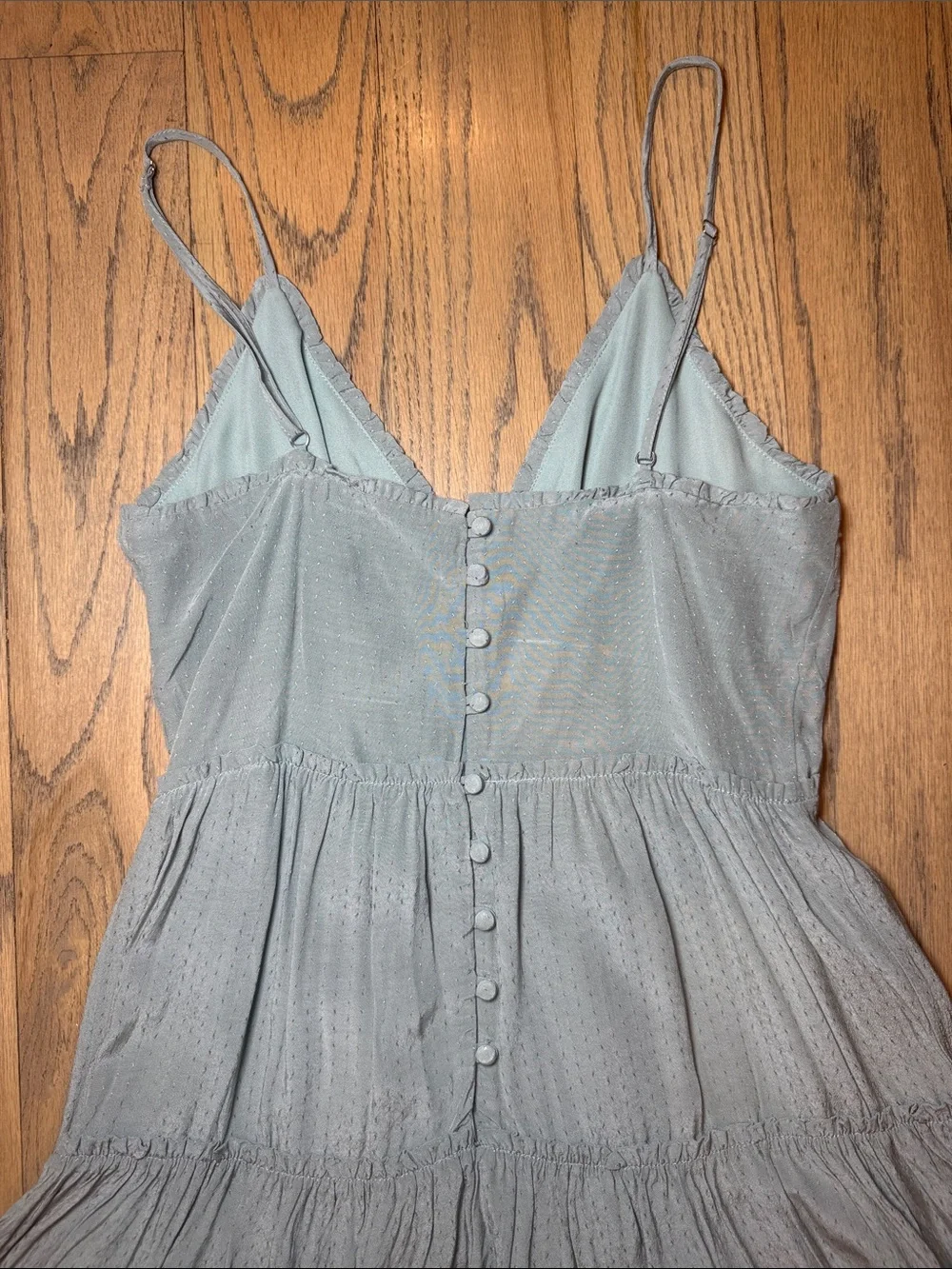Storia Womens Light Blue Tiered V-Neck Ruffled Dress with Detailed Buttons Sz S